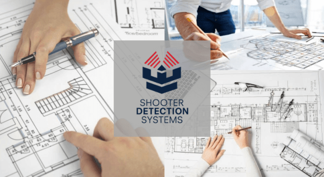 Shooter Detection Systems log overlayed on building blueprint plans