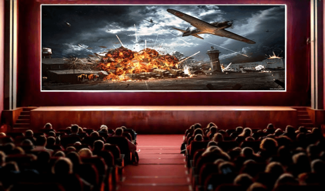 Movie theater interior with war movie playing